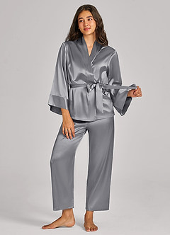 front Matching Color Satin Wrap Front Belted PJ Set