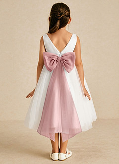 Azazie Kavi Blumenmädchenkleider A-Linie Schleifen Matte Satin Kleid Elfenbein Altrosa image1