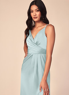 Azazie Aqua Bridesmaid Dresses Mist A-Line V-Neck Pleated Stretch Satin Dress image5