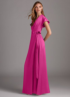Azazie Nico Bridesmaid Dresses Fuchsia A-Line V-Neck Stretch Satin Dress image2