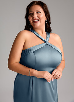 Azazie Rue Bridesmaid Dresses Dusty Blue A-Line Pleated Stretch Satin Dress image13