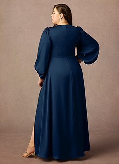Azazie Luna Mother of the Bride Dresses Dark Navy A-Line Pleated Stretch Satin Dress image2
