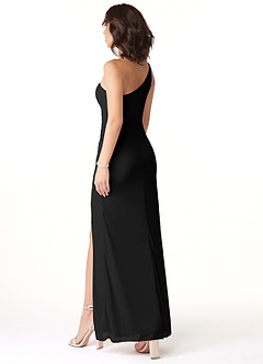 Azazie Cassia Final Sale Black Sheath One Shoulder Mesh Dress image5