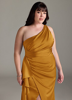 Azazie Maive Robes de demoiselle d'honneur Robe Fourreau en Satin extensible Rayé Caramel écossais image6