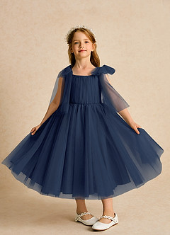 Azazie Dori Robe Demoiselle D'honneur Fillette Robe Trapèze en Tulle Rayé Bleu Marine Foncé image6
