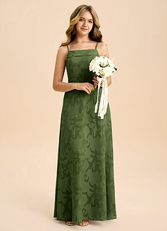 Azazie Anselie Junior A-Linie Schulterfrei Blumen-Burnout Kleid Olivgrün image6