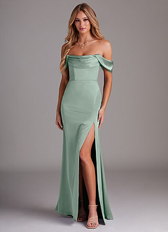Azazie Saige Bridesmaid Dresses Agave Sheath Off the Shoulder Stretch Satin Dress image1
