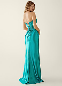 Sasha Peacock Blue Satin Wrap Corset Mermaid Prom Dress image2