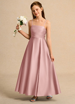 Azazie Pebbles Girls Formal Robe Demoiselle D'honneur Fillette Robe Trapèze en Mat Satiné Plissée Or Rose image1