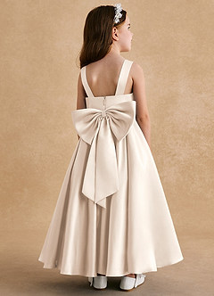 Azazie Honey Bear Flower Girl Dresses White Alabaster A-Line Pleated Matte Satin Dress image1