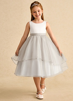Azazie Rene Flower Girl Dresses Ivory Frost A-Line Bow Tulle Dress image4