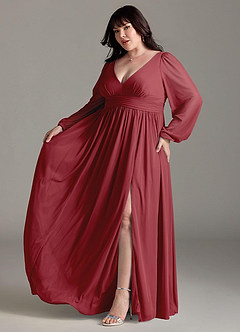 Azazie Norah Bridesmaid Dresses Pomegranate A-Line V-Neck Long Sleeve Chiffon Dress image10