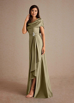 Azazie Branford Mother of the Bride Dresses Moss Green A-Line Pleated Stretch Satin Dress image2