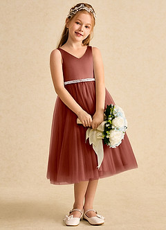 Azazie Firefly vestidos de niña de las flores Vestido de Castaño de Satin Mate de Corte En A con Lazo image3
