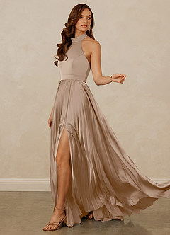 Christian Siriano Bridal for Azazie 1007 Bridesmaid Dresses Taupe A-Line Pleated Stretch Satin Dress image5