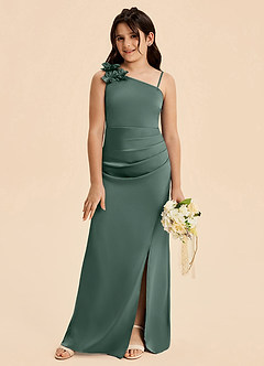 Azazie Remi Junior Sea Moss Sheath Side Slit Stretch Satin Dress image3