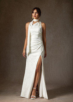 Azazie Misty Wedding Dresses Diamond White Sheath One Shoulder Floral Jacquard Dress image3
