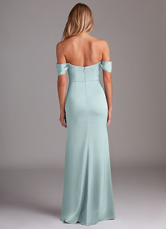Azazie Saige Bridesmaid Dresses Mist Sheath Off the Shoulder Stretch Satin Dress image10