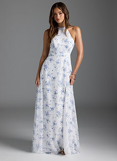 Azazie Clarice Bridesmaid Dresses Blue Cottage Floral A-Line Halter Chiffon Dress image3