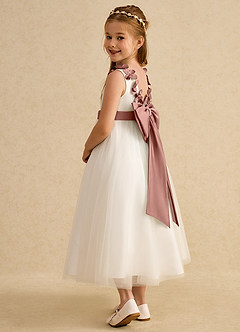 Azazie Lilli Blumenmädchenkleider A-Linie Schleifen Tüll Kleid Elfenbein Zedernrose image3