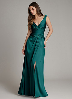 Azazie Pauline Final Sale Peacock A-Line Pleated Stretch Satin Dress image1