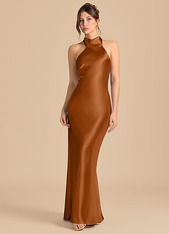 Azazie Velli Brudtärnklänningar Klä av Tubklänning i Metallisk satin Hög hals Koppar image4