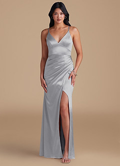Azazie Shania Bridesmaid Dresses Silver Sheath Pleated Metallic Satin Dress image1