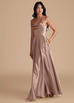 Azazie Elle Bridesmaid Dresses Taupe A-Line with Pockets Metallic Satin Dress image6