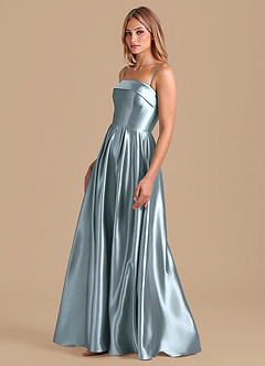 Azazie Lucienne Bridesmaid Dresses Dusty Blue A-Line Pleated Metallic Satin Dress image4