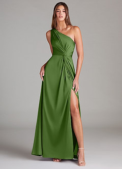 Azazie Brooke Vestidos de damas de honor Vestido de Albahaca de Satén Elástico de Corte en A con Hombro unilateral image2