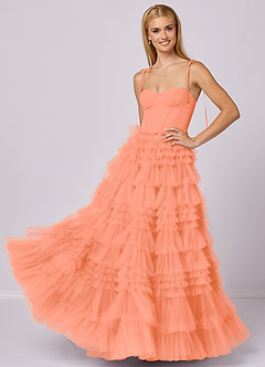 Barbie ♥ Azazie Robes de demoiselle d'honneur Robe Trapèze en Tulle Encolure en Forme de Cœur Coucher De Soleil image1