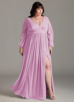 Azazie Norah Bridesmaid Dresses Candy Pink A-Line V-Neck Long Sleeve Chiffon Dress image9
