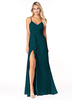 Azazie Emerald Vestidos de damas de honor Vestido de Pino de Gasa de Corte en A con Volantes image4