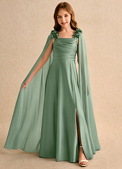 Azazie Rosita Girls Formal Abiti da Ragazza di Fiori Abito A-Line in Raso Elasticizzato Plissettato Matcha image3