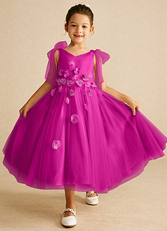 Azazie Minia Flower Girl Dresses Fuchsia A-Line Bow Matte Satin Dress image1