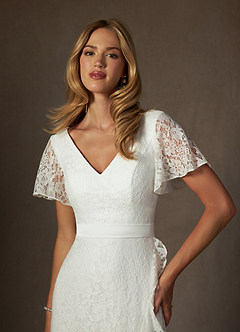 Azazie Lanei Wedding Dresses Diamond White A-Line V-Neck Lace Dress image3
