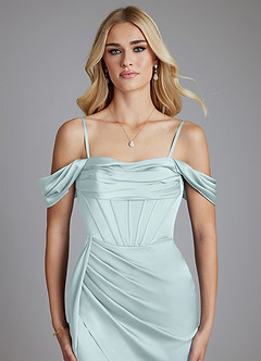Azazie Amyra Bridesmaid Dresses Mist Mermaid Off the Shoulder Stretch Satin Convertible Dress image3