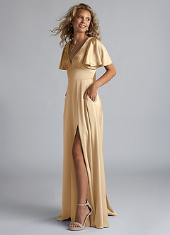 Azazie Kimber Brudtärnklänningar Klänning av A-Line i Stretch Satin Ruched Champagne image6