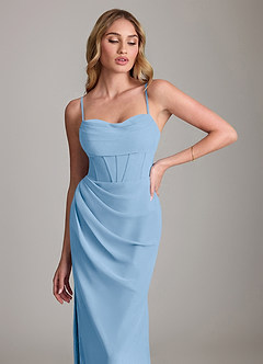 Azazie Mai Robes de demoiselle d'honneur Robe Fourreau en Mousseline de soie Plissée Poudre Bleue image5