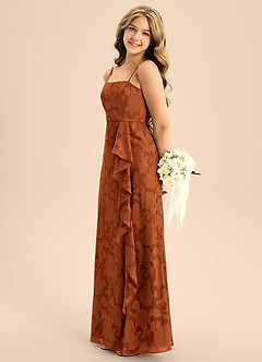 Azazie Kaylee Junior Burnt Orange A-Line with Belt Floral Burnout Dress image3