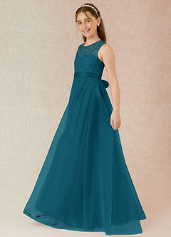 Azazie Georgette Junior Ink Blue A-Line Lace Tulle Dress image3
