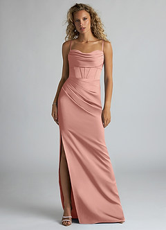 Azazie Mai Bridesmaid Dresses Rosette Sheath Pleated Stretch Satin Dress image1