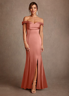 Azazie Boone Abiti per la Madre della Sposa Abito Sirena in Raso Elasticizzato a Spalla Scoperta Salmone Rosa image2