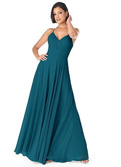 Azazie Avelina Bridesmaid Dresses Ink Blue A-Line V-Neck Pleated Chiffon Dress image1