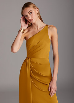 Azazie Mika Bridesmaid Dresses Butterscotch Sheath One Shoulder Stretch Satin Dress image6
