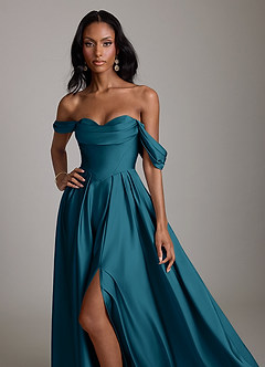 Azazie Loisa Abiti da Damigella Abito A-Line in Raso Elasticizzato a Spalla Scoperta Blu Inchiostro image5