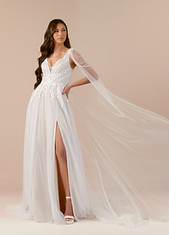 Azazie Goddess Vestidos de novia Vestido de Blanco Diamante Arena de Tul de Corte en A con Lentejuelas cuello pico image1