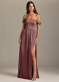 Azazie Calianna Bridesmaid Dresses Vintage Mauve A-Line Off the Shoulder Stretch Satin Convertible Dress image1