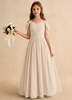 Azazie Chelo Junior Formal Abiti da Ragazza di Fiori Abito A-Line in Chiffon Plissettato Alabastro Bianco image3