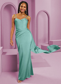 Barbie ♥ Azazie Vestidos de damas de honor Vestido de Aqua de Satén Elástico de Corte Recto Convertible con Sin tirantes image3